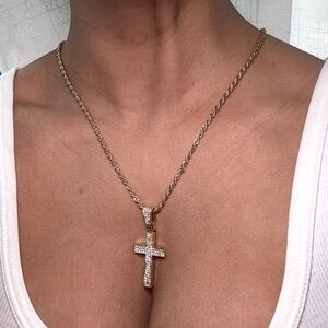 Stainless steel gold necklace with Jeweled cross.